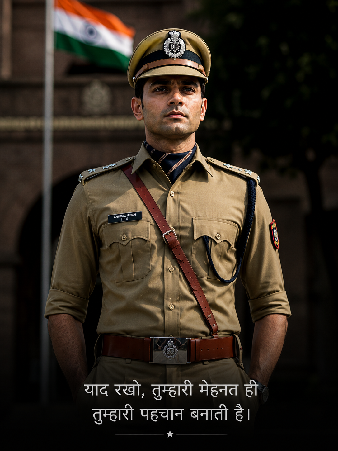 IPS officer in uniform standing before the Indian flag with a Hindi motivational quote